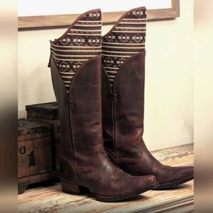 Ariat Brown Leather Tall Western Boots with Patterned Fabric Shaft